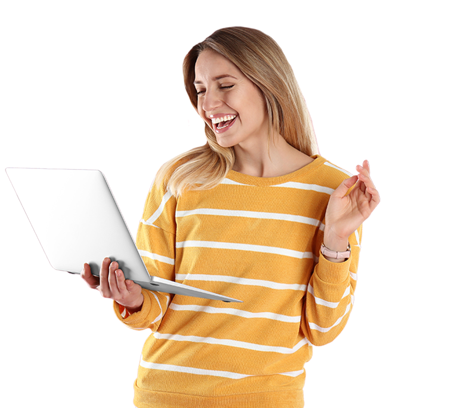 Happy woman with laptop in front of arrows pointing up to the right