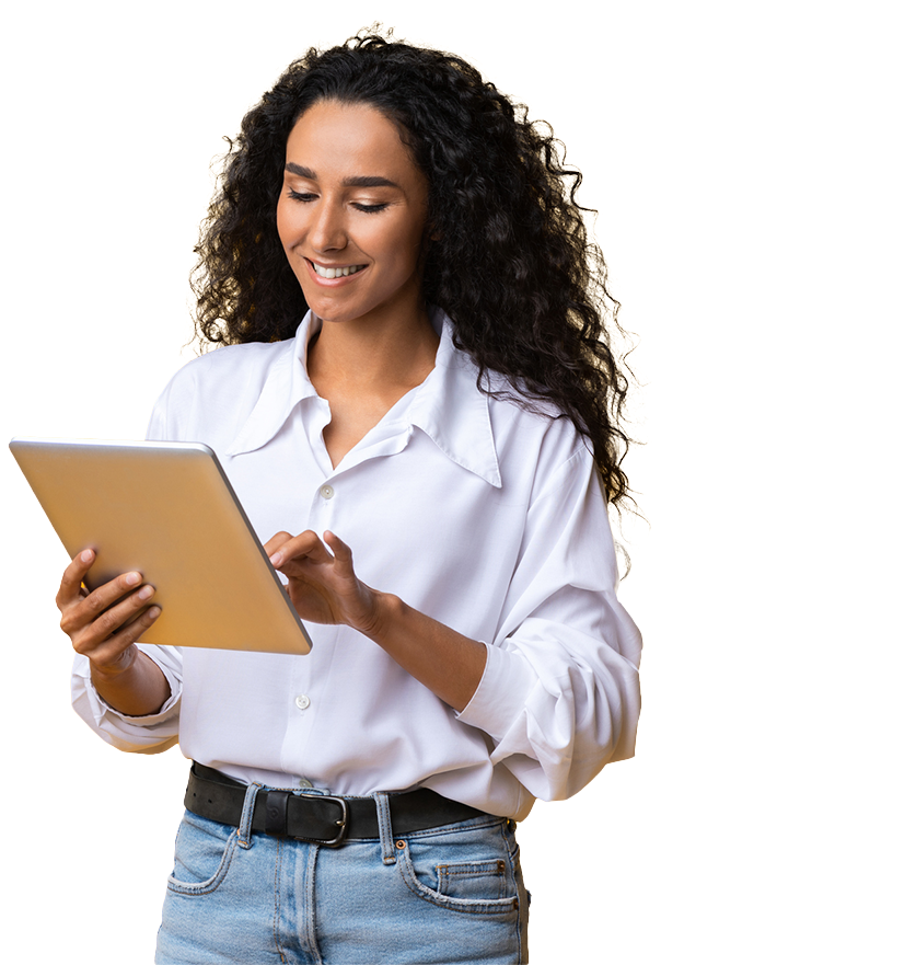 Smiling woman working on tablet